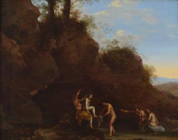 Le bain de Diane et ses nymphes dans un paysage de rochers italienisant by 
																	Jan van Haensbergen