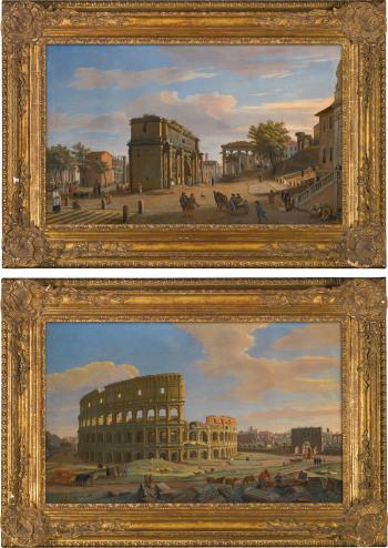 Two Views Of Rome: The Arch Of Septimius Severus With The Temple Of Saturn; And The Colosseum With The Arch Of Constantine by 
																	Gaspar van Wittel