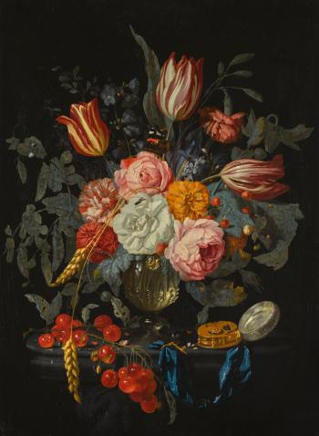 Still Life Of Tulips, Roses And Other Flowers In A Glass Vase, Together With Cherries And A Watch On A Ledge by 
																	Johannes Hannot