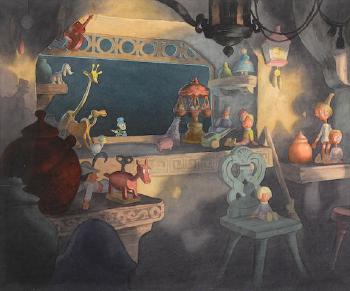 A celluloid of Jiminy Cricket from Pinocchio with watercolor production background by 
																	 Walt Disney Studios
