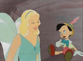 A celluloid of the Blue Fairy and Pinocchio from Pinocchio by 
																	 Walt Disney Studios