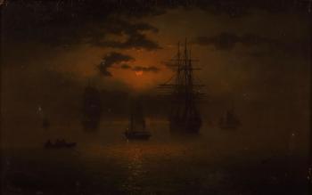 Ships anchored under a full moon by 
																			Thomas Lucop