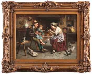 Italian family in an interior with young child, pigeons and cat by 
																			Jules Zermati