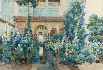 A Spanish home with flower garden by 
																			Isidoro Marin Garces