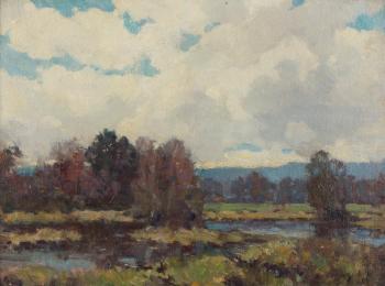 Atmospheric landscape with trees along a riverbed by 
																			Clark Greenwood Voorhees