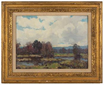 Atmospheric landscape with trees along a riverbed by 
																			Clark Greenwood Voorhees