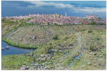 Path to Toledo, Spain, figure walking in a landscape by 
																			Peter Ellenshaw
