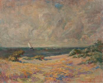 Coastal view with sailboat by 
																			John Willard Clawson