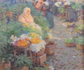 The market seller, a lady selling vegetables in a market scene by 
																			Ivar Kamke