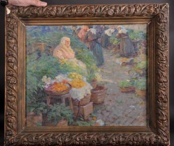 The market seller, a lady selling vegetables in a market scene by 
																			Ivar Kamke