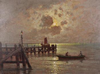 A moonlit coastal scene, with figures in a boat by a jetty by 
																			Ernst Hugo Lorenz-Murowana