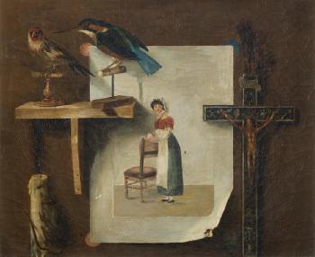 A trompe l'oeil, with a goldfinch and kingfisher together with an engraving, a candle and a crucifix by 
																	Gabriele Germain Joncherie