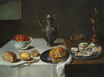 A dish of mussels with a bowl of butter resting on a loaf of bread, and fish, shallots and a jug, on a table-top; and A silver ewer with a dish of oysters, lemons, bread and a porcelain bowl of strawberries on a draped table-top by 
																			Adriaen van Utrecht