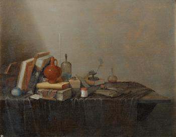 Books with an earthenware jug and glass bottles along with other items on a draped table-top by 
																	Gerrit van Vucht