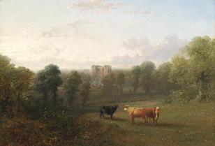 Landscape with cattle, castle beyond by 
																	Thomas Baker of Leamington