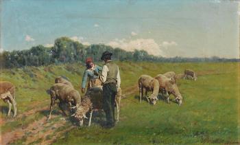 Tending the sheep by 
																	Pietro Pajetta