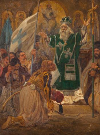 Bishop Germanos of Old Patras is blessing the banner of the Greek revolution by 
																	Simeon Sabbides