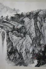 Scholars in Waterfall Landscape by 
																			 Liang Boyu