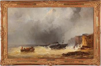 Steamship in distress at sea by a rocky coast by 
																			Josef Carl Berthold Puttner