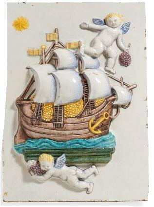 Monumental ceramic relief plate with sailing boat and putti by 
																	Joseph Wackerle