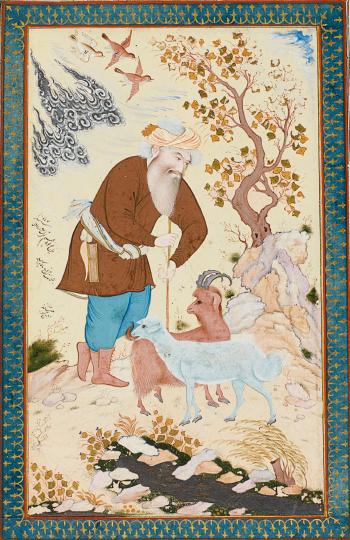 An old shepherd leaning on his staff in a landscape by 
																	Muin Musavvir