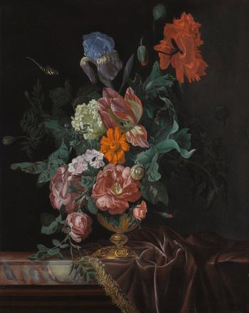 Still Life of Flowers in an Ornate Vase on a Marble Ledge Draped with a Cloth Trimmed with Gold Braid by 
																	Nicolaes Lachtropius