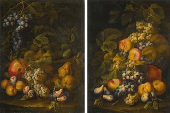 Still Lifes of Grapes, Pears and Peaches on a Forest Floor by 
																	Carlo Manieri