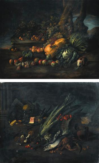 Still Life of Vegetables on a Forest Floor; Still Life with Fish and Mushrooms by 
																	 Pseudo Fardella
