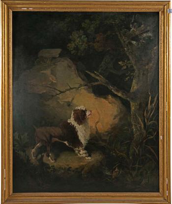 A Hunting Dog Holding a Cat at Bay in a Woodland by 
																	Philip Reinagle