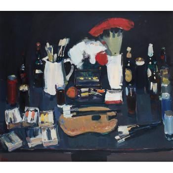 Still life with black table top by 
																			James Fullarton
