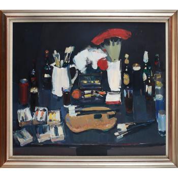 Still life with black table top by 
																			James Fullarton