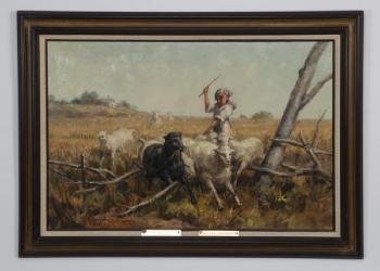 A young peasant girl tending sheep in the countryside by 
																			Antonis Karafyllakis
