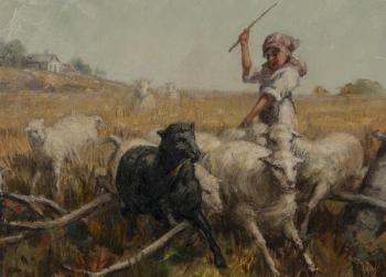 A young peasant girl tending sheep in the countryside by 
																			Antonis Karafyllakis