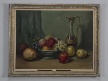 Still life of a bowl of fruit and a silver handled glass jug of wine by 
																			Antonis Karafyllakis