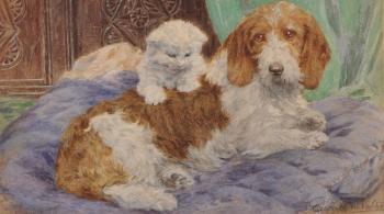 Study of a reclining dog, with a small kitten by 
																			Eugenie M Valter