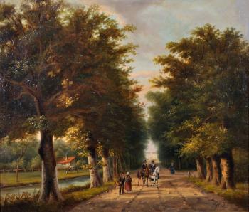 A tree lined avenue, with elegant figures on horseback by 
																			Albert Jacob Sap van Drenth