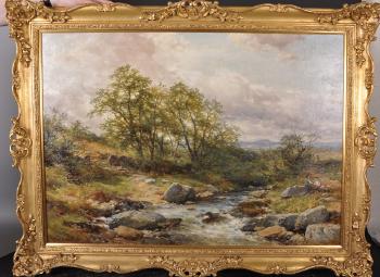 A rocky river landscape, with figures resting by 
																			John C Syer