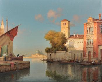 A Venetian canal scene, with figures and boats by 
																			 Vallin