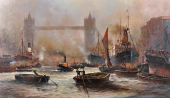 Tower Bridge, with numerous boats and figures by 
																			Brian J Jones