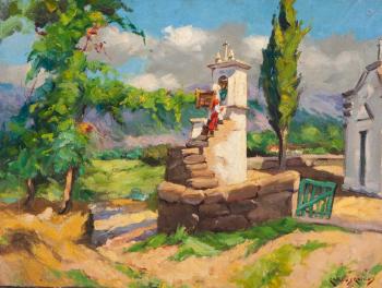 Landscape with church and figure by 
																	Carlos Ramos