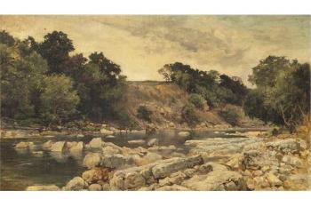River landscape with woodland and cattle by the shore by 
																	Keeley Halswelle