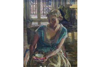 Portrait of seated Woman with tea cup in hand by 
																	Ethel Gabain