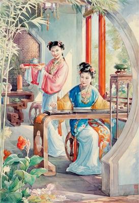 Lin Daiyu plaing guqin by 
																	 Wu Shaoyun