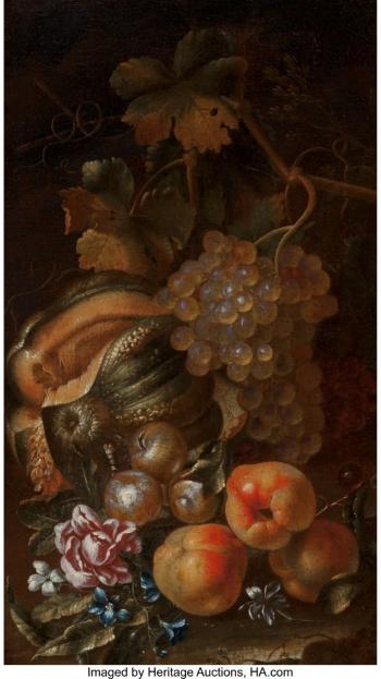 Still Life with Melons, Grapes and Peaches by 
																			Giovanni Paolo Spadino