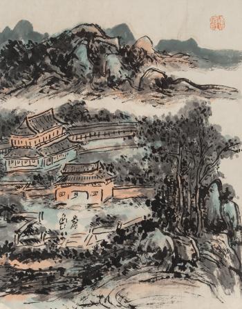 A Chinese Folio Album With Watercolor Landscape Paintings And Colophon by 
																			 Hu Nianzu