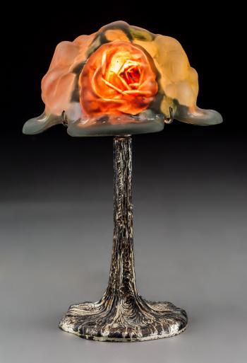 Diminutive Pairpoint Reverse Painted Glass Puffy Rose Boudoir Lamp by 
																			 Pairpoint Glass