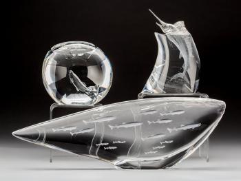 Steuben Clear Glass Salmon Run(1); Salmon Pool (2) Sailfish Rising (3) by 
																			 Steuben Glass