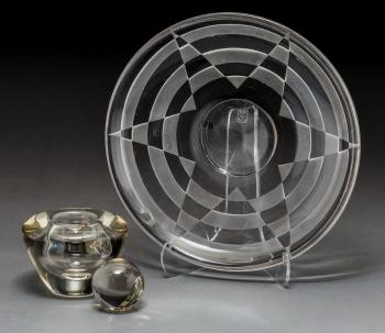 Jean Luce Glass Plate And Leerdam Clear Glass Lidded Vase by 
																			 Leerdam Glasfabriek