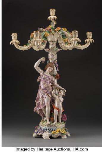 A Large Carl Thieme Dresden Porcelain Figural Seven-Light Candelabra, Potschappel, Germany by 
																			Carl Thieme