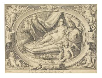 Venus with Amor reclining on a bed; Portrait of Frederic II King of Denmark and Norway by 
																			Jan Pietersz Saenredam